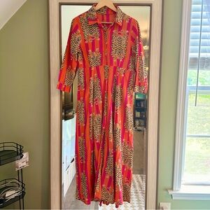 Orange and Pink Tiger Print Maxi Dress 3/4 Sleeves Size Small